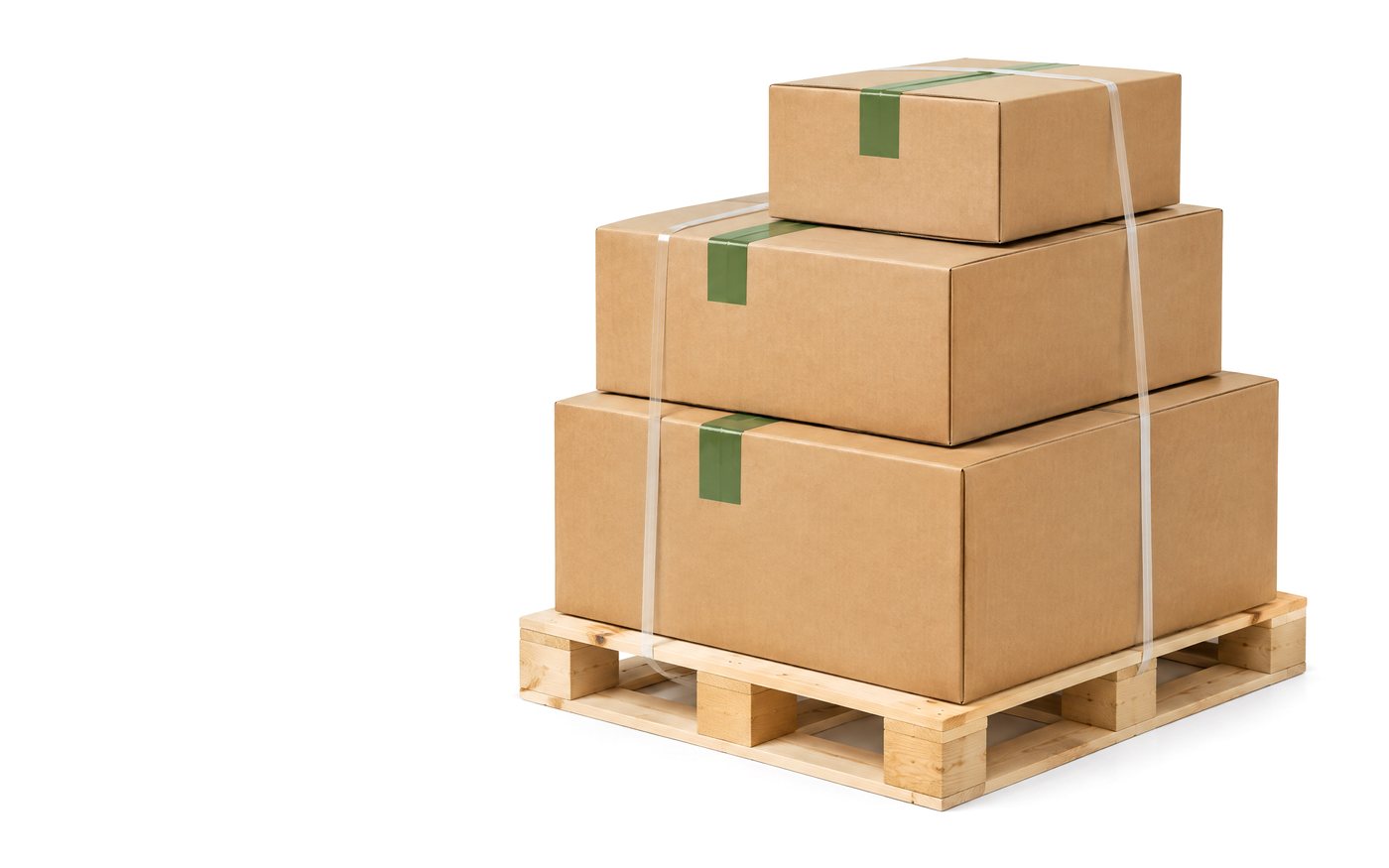 A stack of shipping cartons on a wooden pallet